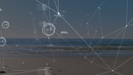 animación de la red de conexiones y procesamiento de datos sobre la mujer en forma que corre por la orilla del mar