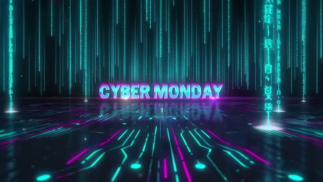 Futuristic video with a low-angle view of glowing 'Cyber Monday' text and digital rain