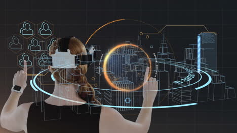 animation of data processing and woman wearing vr headset over 3d cityscape drawing