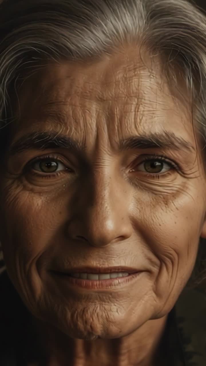 Vertical video: Pulling focus, senior woman revealing face, smiling calmly in softly lit interior