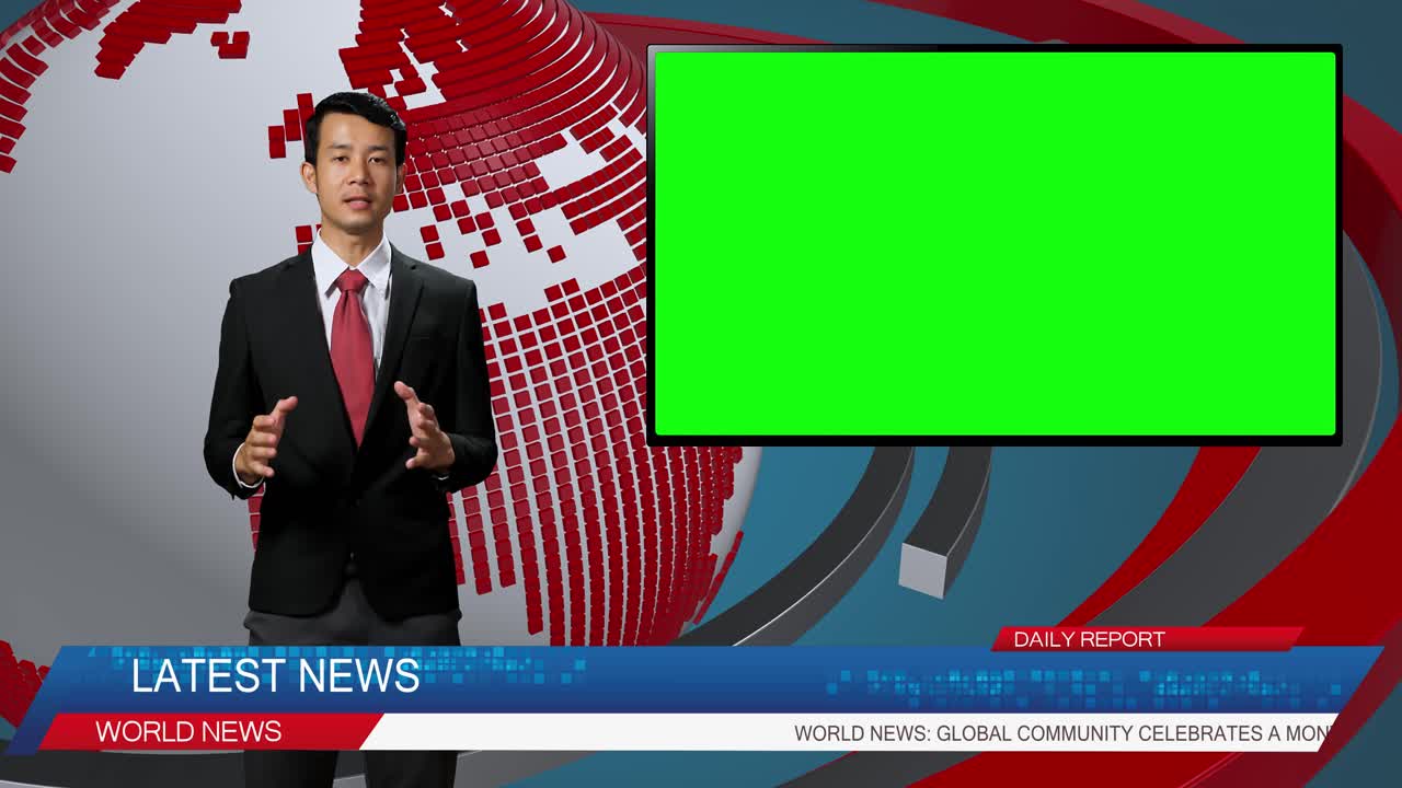Live News Studio With Asian Male Anchor Reporting On A Story, Uses Green Chroma Key Screen Placeholder Copy Space.Television Newsroom Channel With Professional Presenter