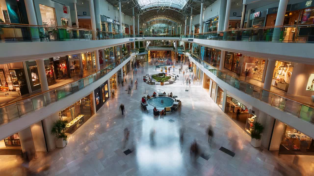 A Vibrant Shopping Mall Scene Captured in Two Frames: Exploring the Bustling Atmosphere of Modern Retail Spaces with Dynamic Movement and Interactions of Visitors