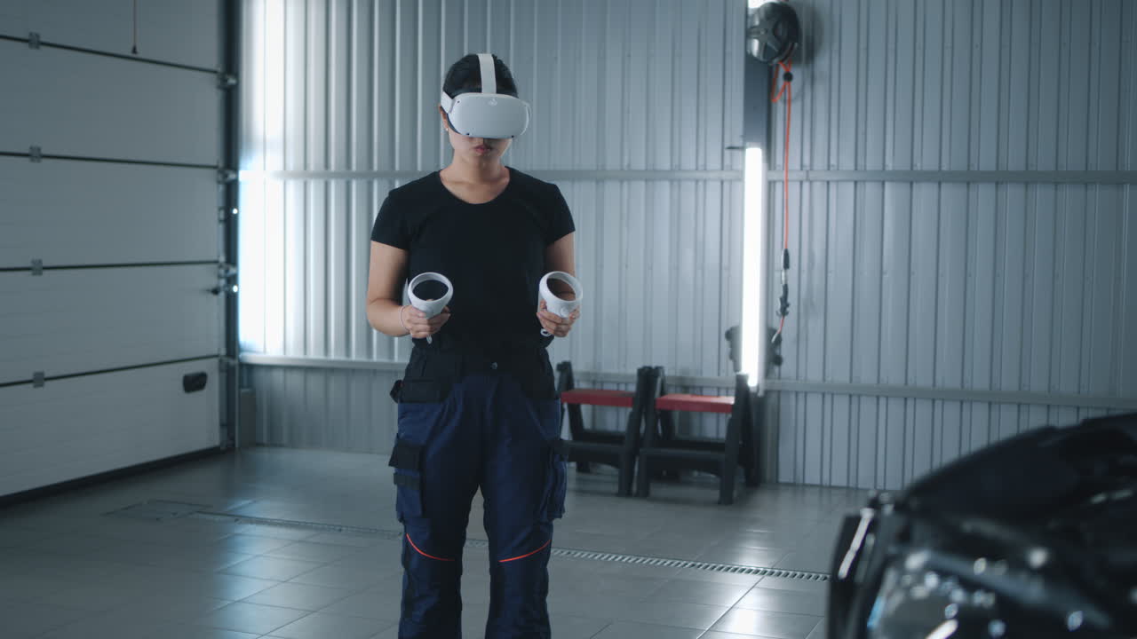 Woman Using VR Headset and Controllers in a Garage