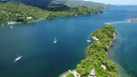 aerial view of the iconic bridges connecting the small islands cayo linares and cayo vigia in the bay of samaná in the dominican republic