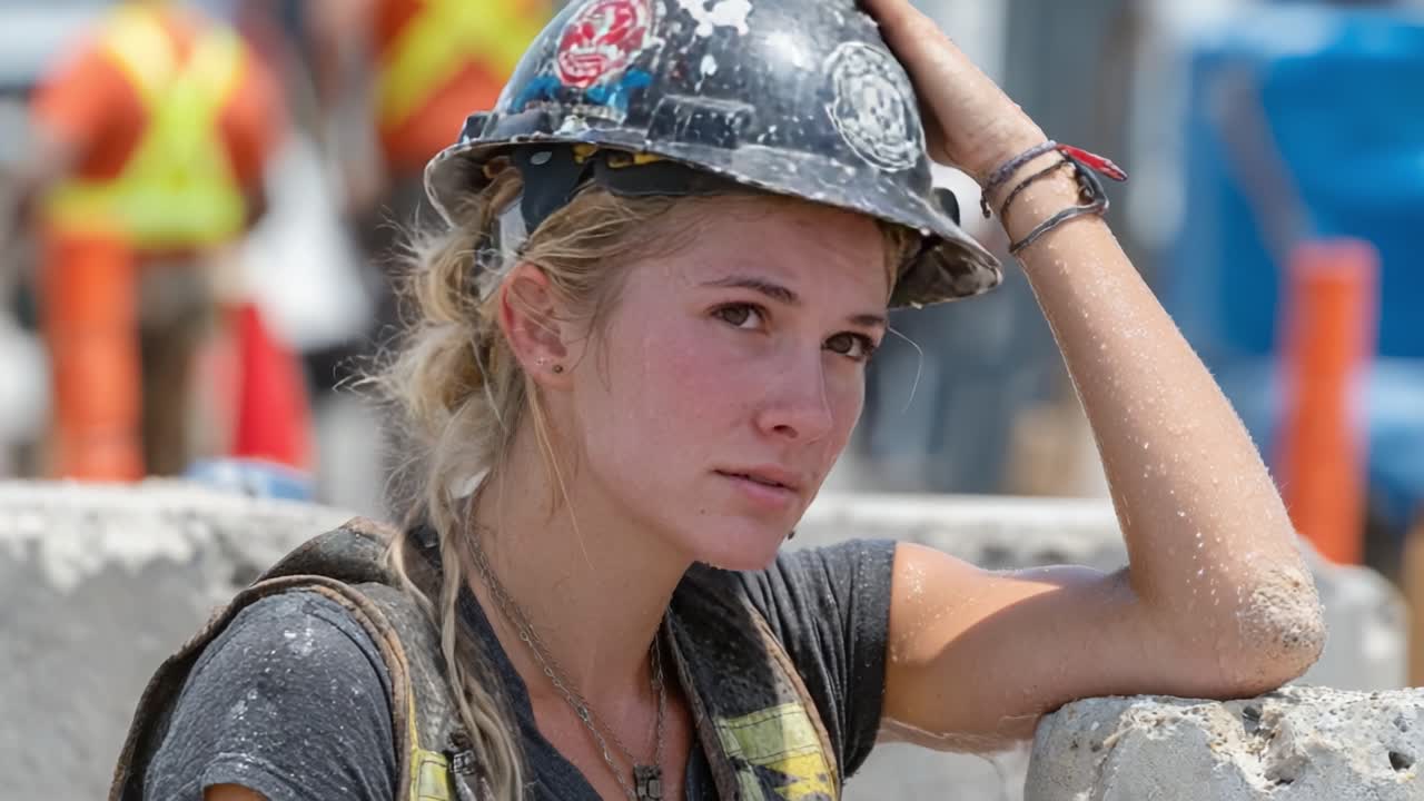 A Tired Construction Worker Reflects on Her Day Under the Sun with a Sense of Fatigue and Determination, Surrounded by Concrete and Construction Activity
