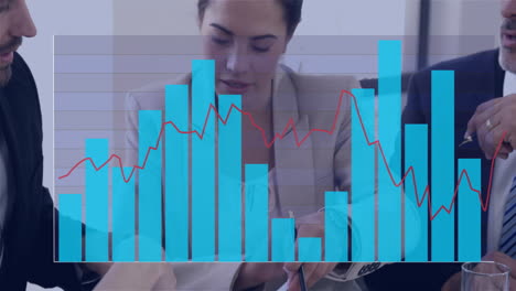 reunión de negocios con animación de datos de gráficos de barras y líneas sobre los participantes