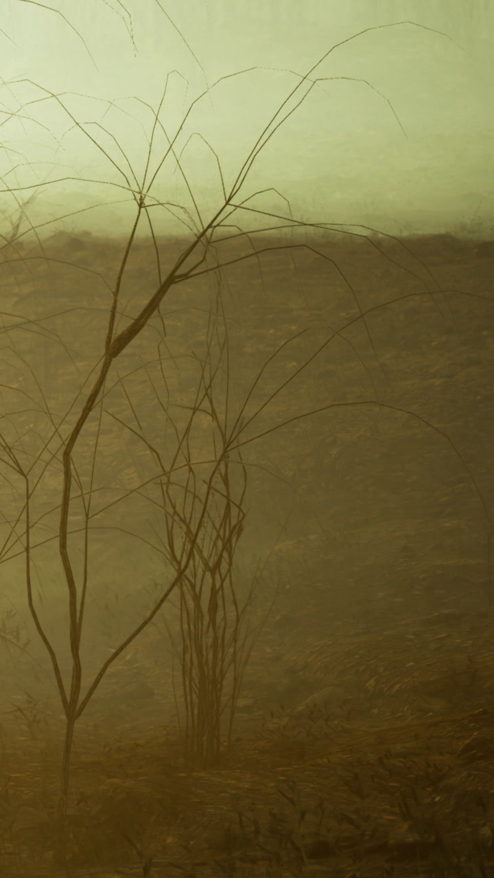 Dry branches stand in a misty environment during early morning hours