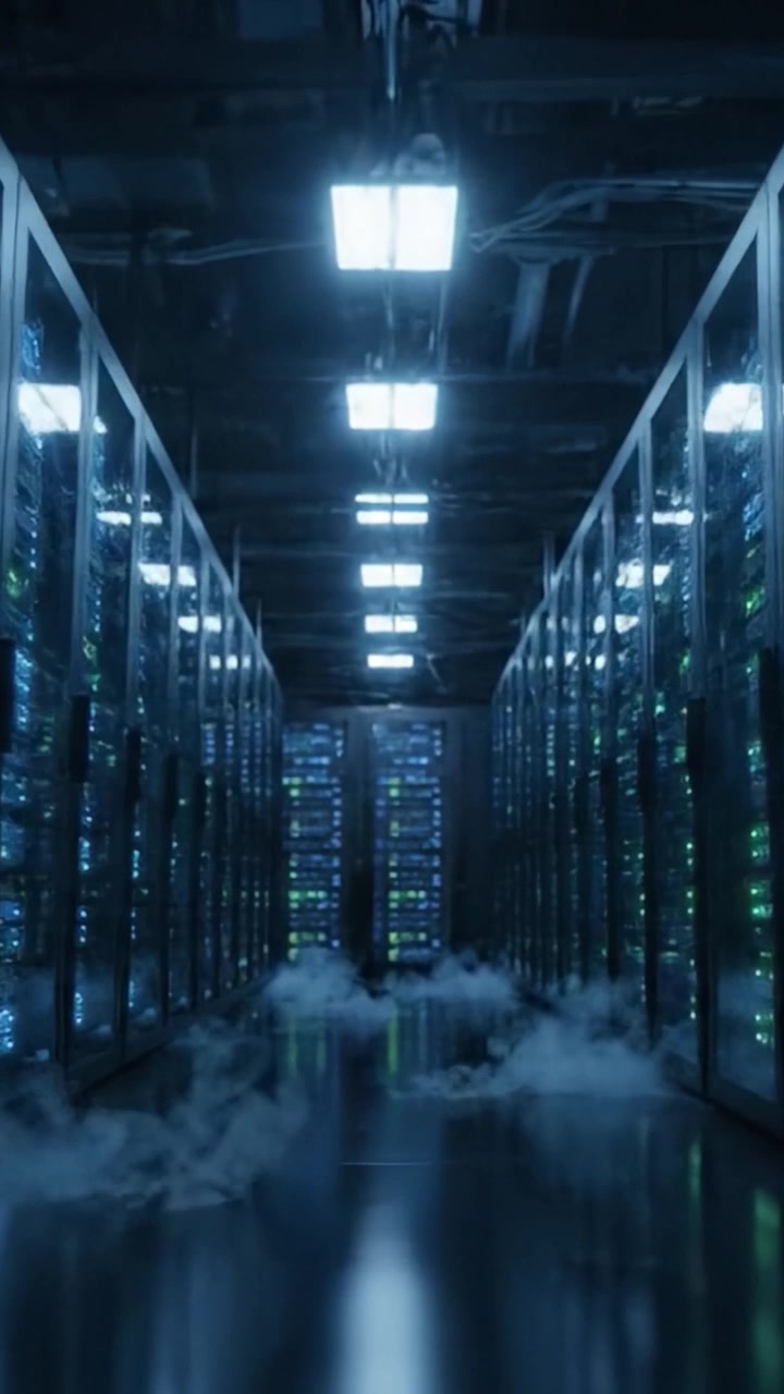 A High-Tech Data Center with Server Racks Illuminated by Blue Lights and a Mysterious Mist on the Floor, Showcasing the Hub of Modern Computing and Storage Solutions.