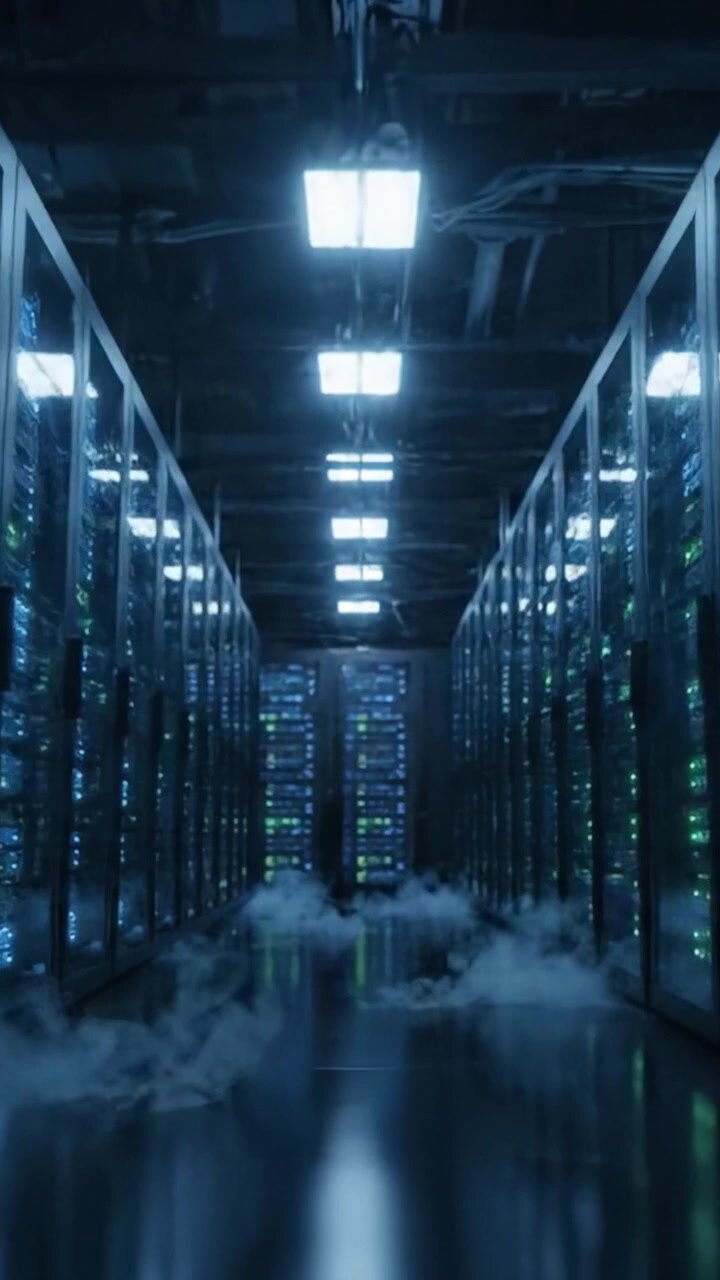 A High-Tech Data Center with Server Racks Illuminated by Blue Lights and a Mysterious Mist on the Floor, Showcasing the Hub of Modern Computing and Storage Solutions.