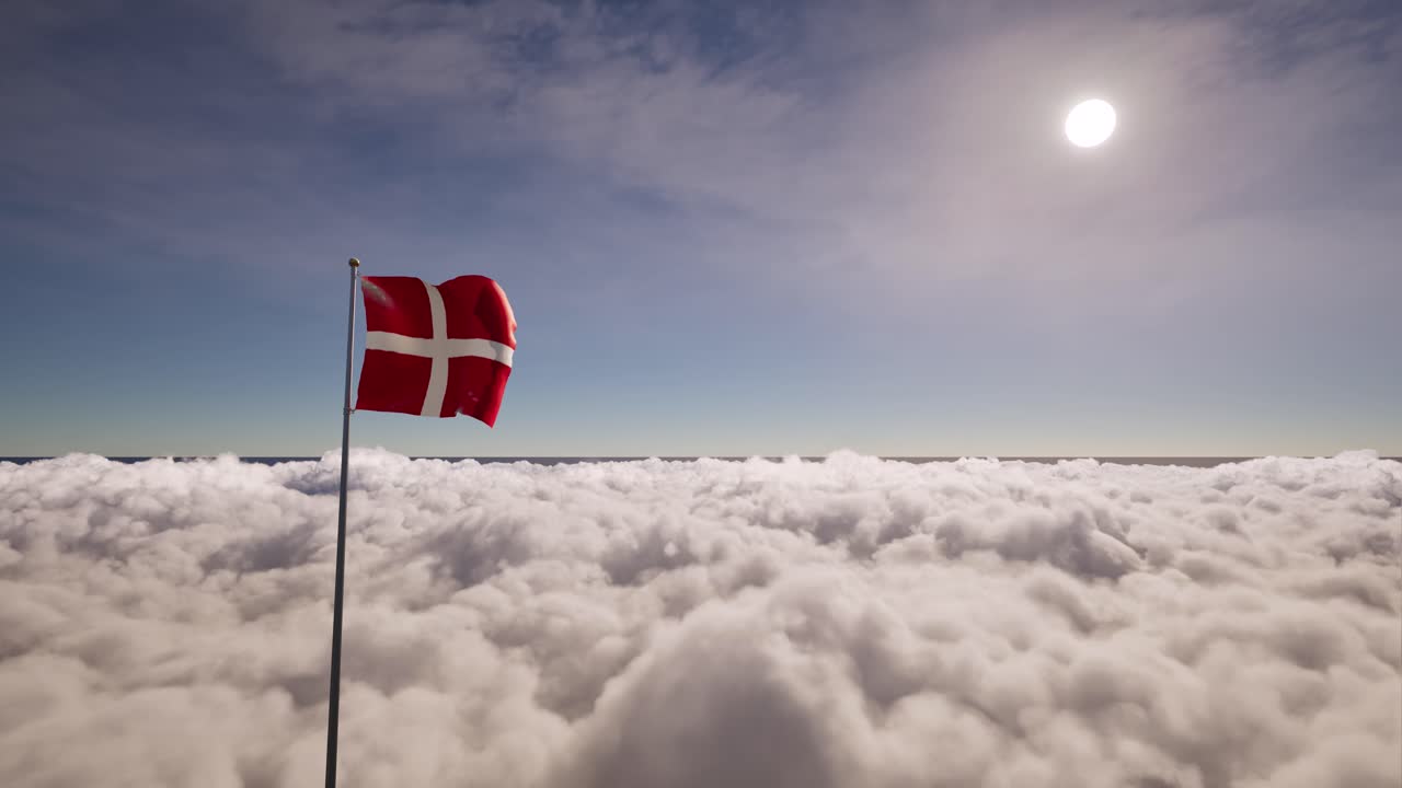 Skyformation med hvide, pufede skyer i bevægelse og Dannebrog vajende om dagen med klar sol. 3D-animation, statisk kamera