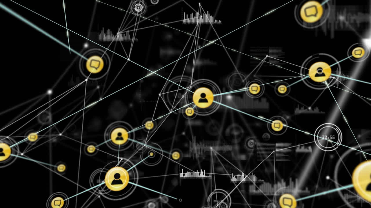 Animazione di una rete di connessioni con icone ed elaborazione dati su sfondo scuro.