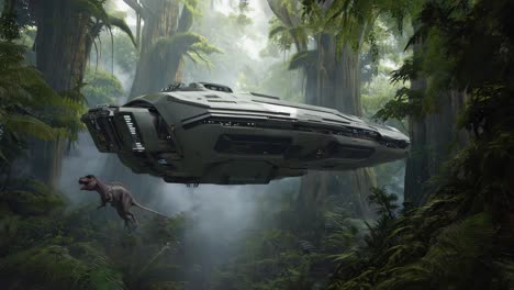 Spaceship encountering a dinosaur in a lush jungle