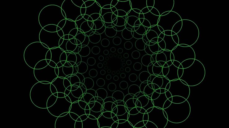 Padrão Abstrato de Círculos Geométricos Verdes Pulsando em Fundo Preto.