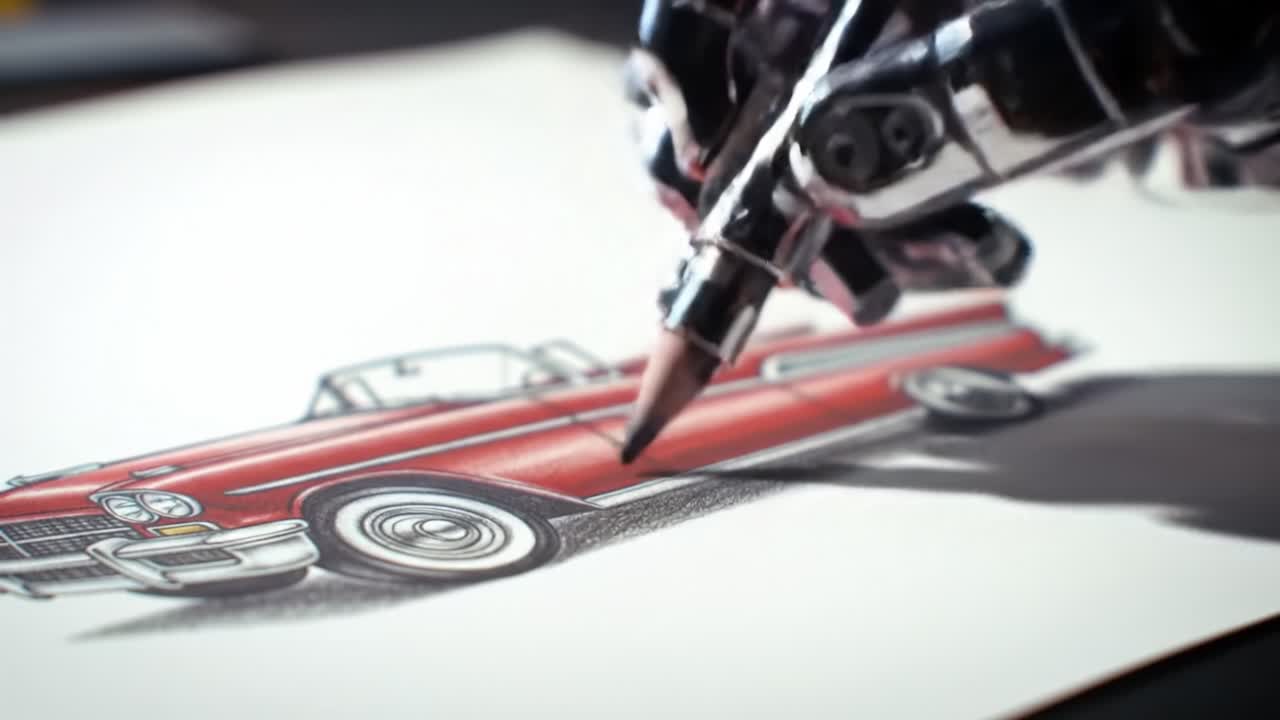 A Robotic Hand Skillfully Illustrating a Classic Red Car, Showcasing the Fusion of Technology and Art in an Intriguing Drawing Process from Start to Finish