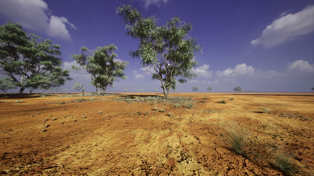 Dry landscape with trees under a clear blue sky during the day