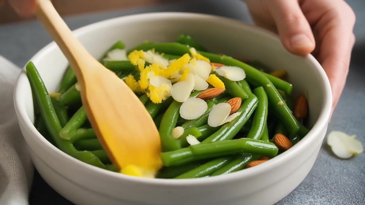 Koki Mencampur Salad Buncis Segar dengan Almond dan Parutan Kulit Lemon