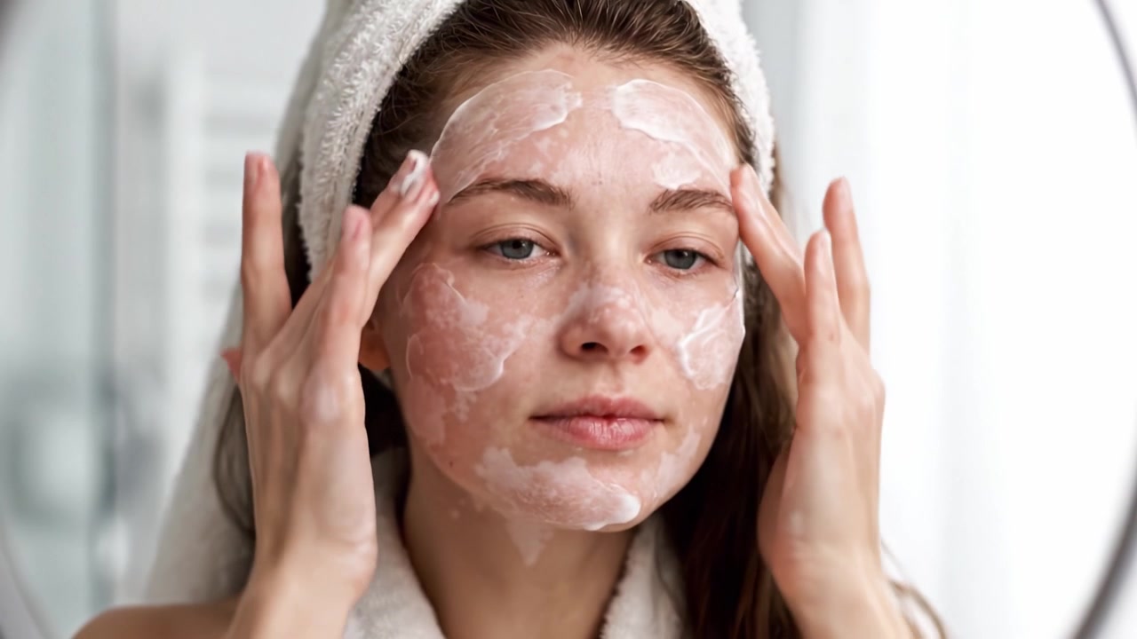 Skincare Routine: Applying Cleansing Mask on Face for Glowing Skin and Healthy Complexion in a Bright Bathroom Setting