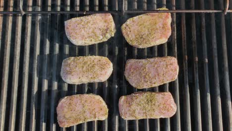 Six-pork-chops-on-a-grill-in-the-summer