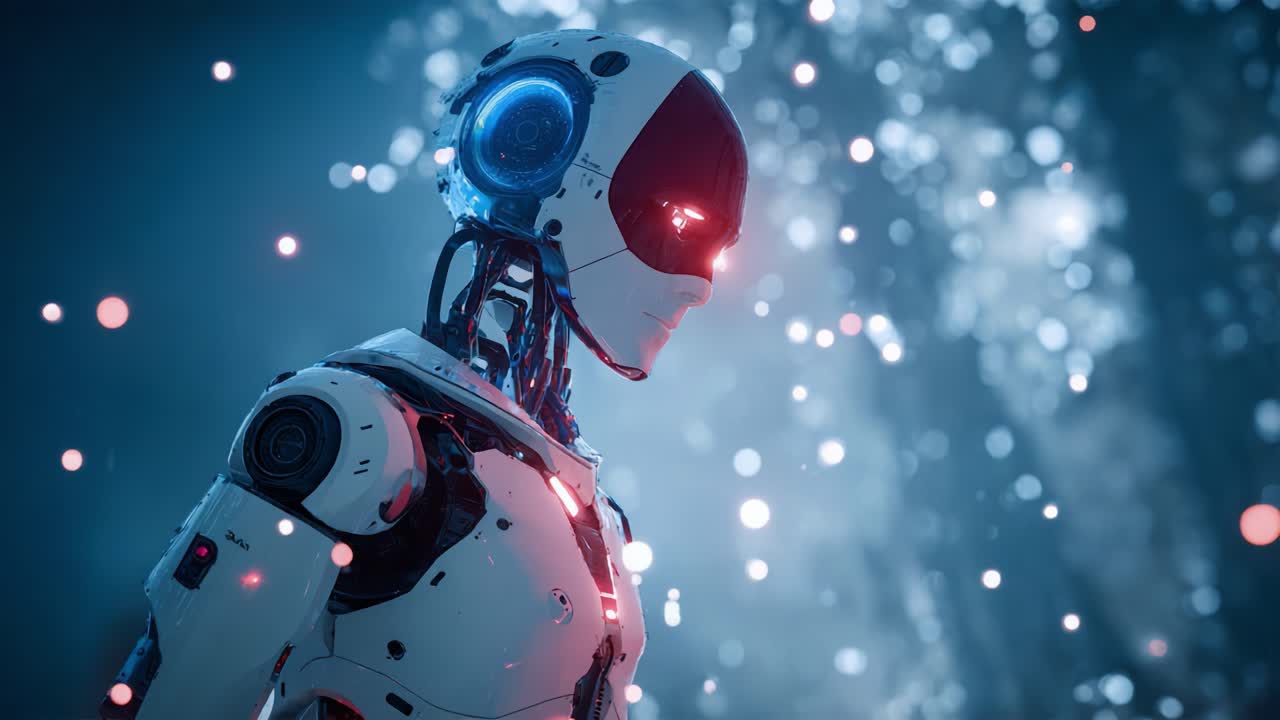 Futuristic Robot in a Mystical Forest Setting Surrounded by Ethereal Light Particles, Showcasing Advanced Design and Emotion in Robotics