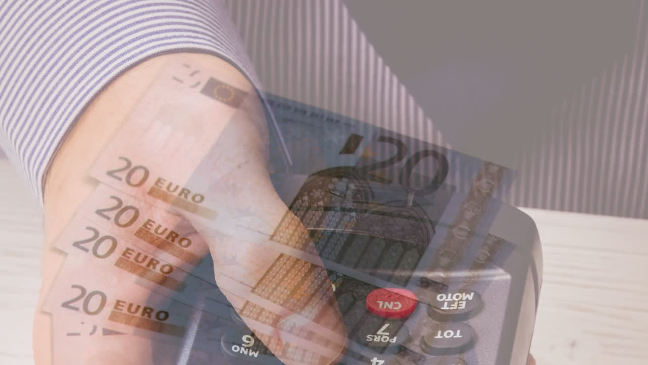 animación de billetes en euros que caen sobre la mano de un hombre caucásico que tiene una terminal de pago