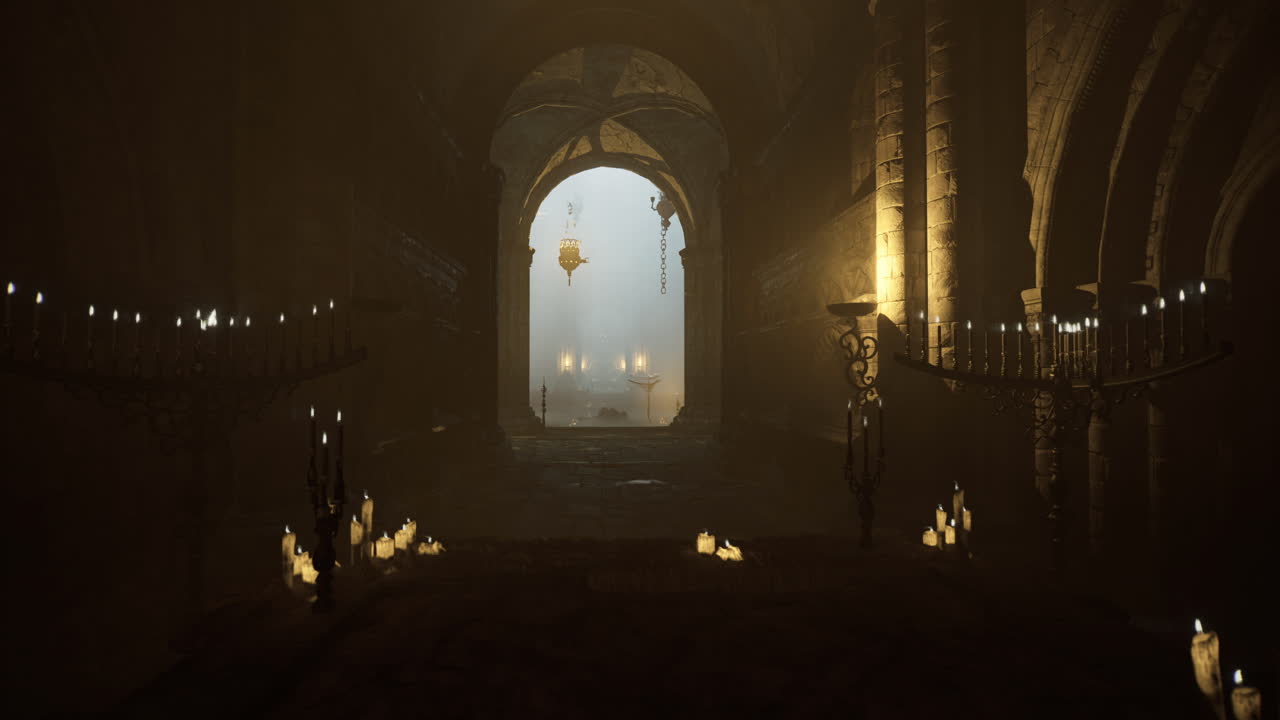 Mysterious underground passage illuminated by candles and ambient light