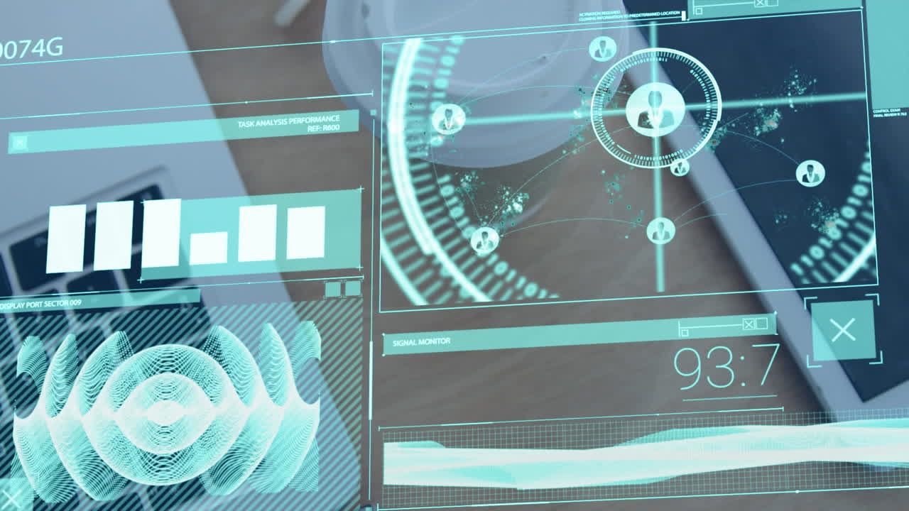 Animation of interface with data processing over laptop, digital tablet, coffee cup on wooden table