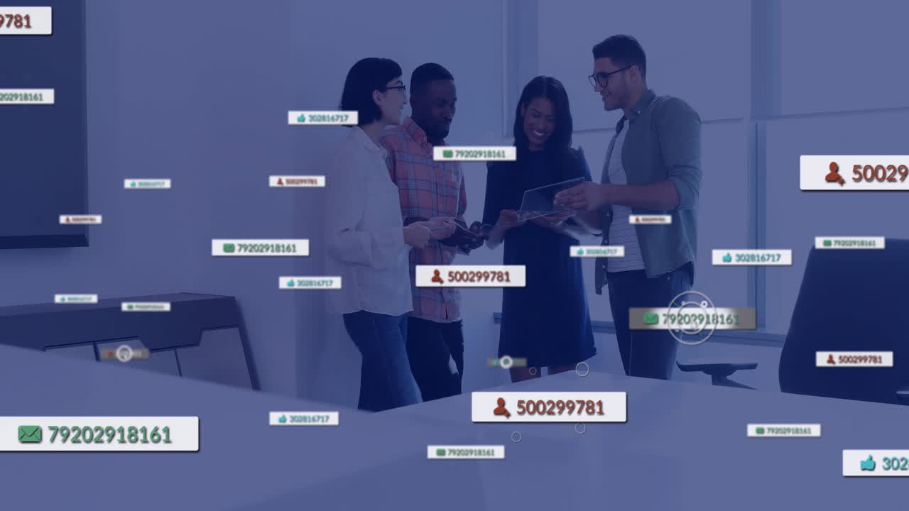 Animation of social media notifications over diverse colleagues talking at casual office