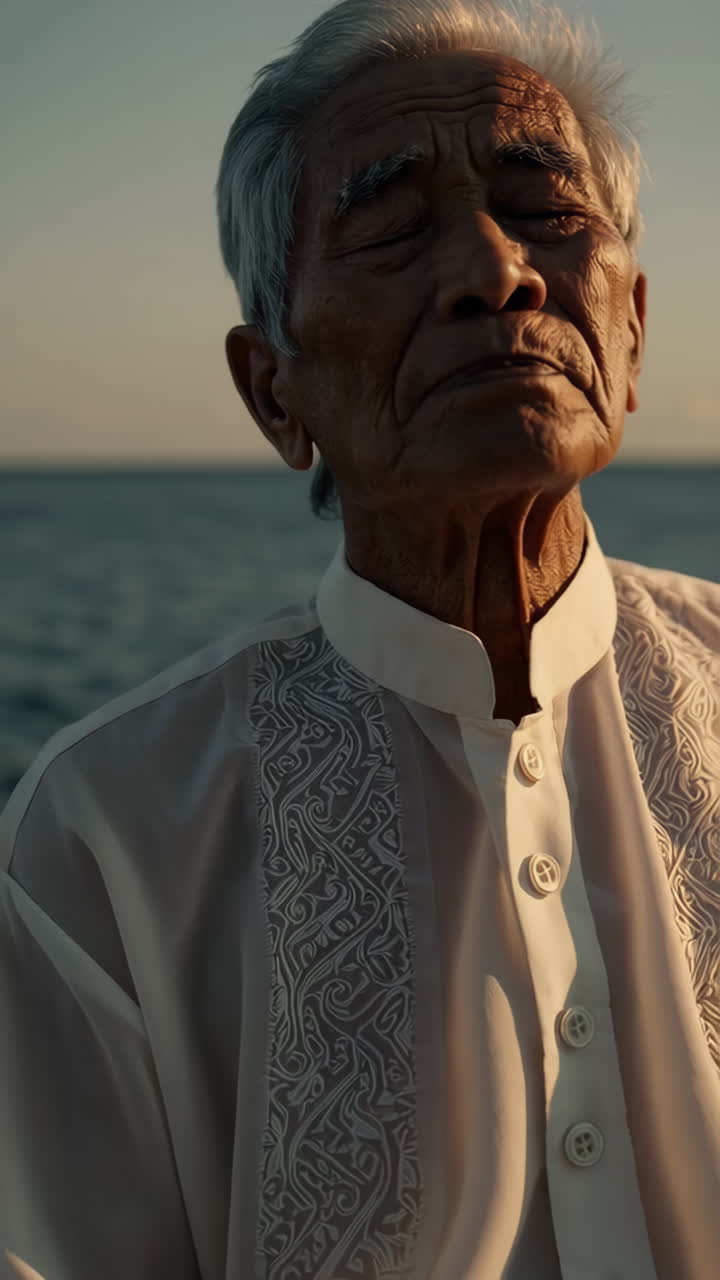 Uomo anziano al tramonto in riva al mare