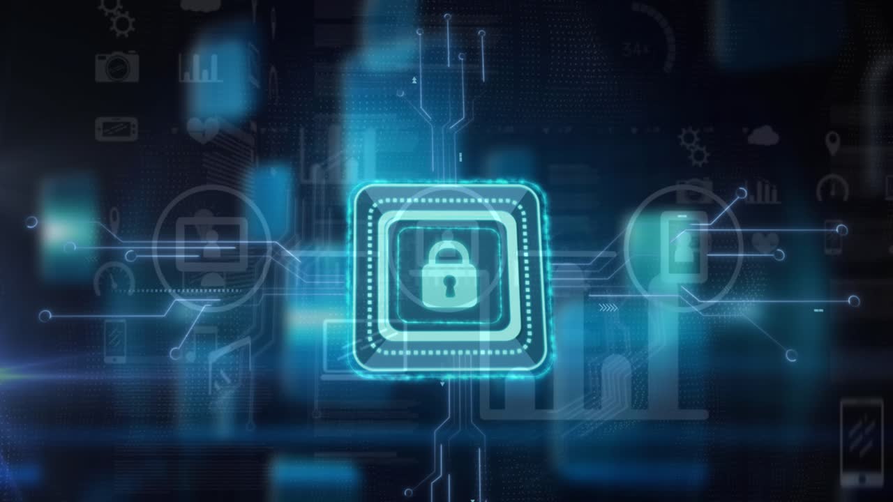 Animation of online security padlock over motherboard and data processing