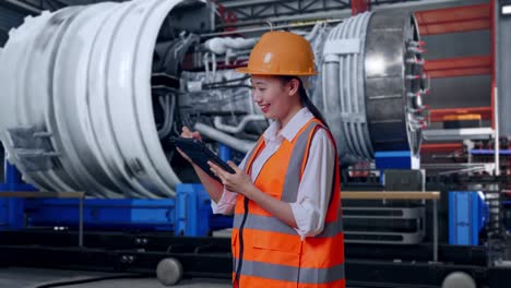 female engineer inspecting jet engine in a factory