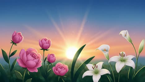 a serene morning blossom: the beauty of vibrant flowers against a radiant sunrise with lush greenery in an illustrative art style