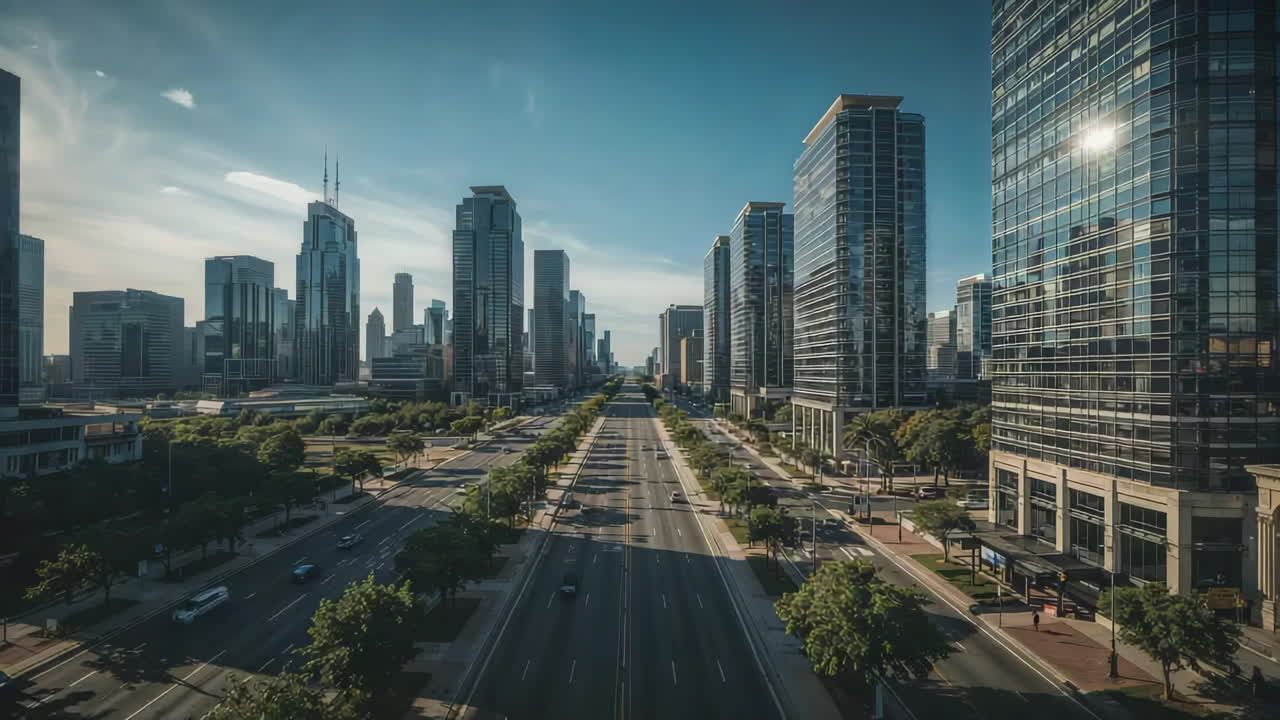 Empty Urban Boulevard Lined with Modern Skyscrapers and Trees