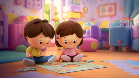 two cartoon children playing with a puzzle on the floor in a colorful room