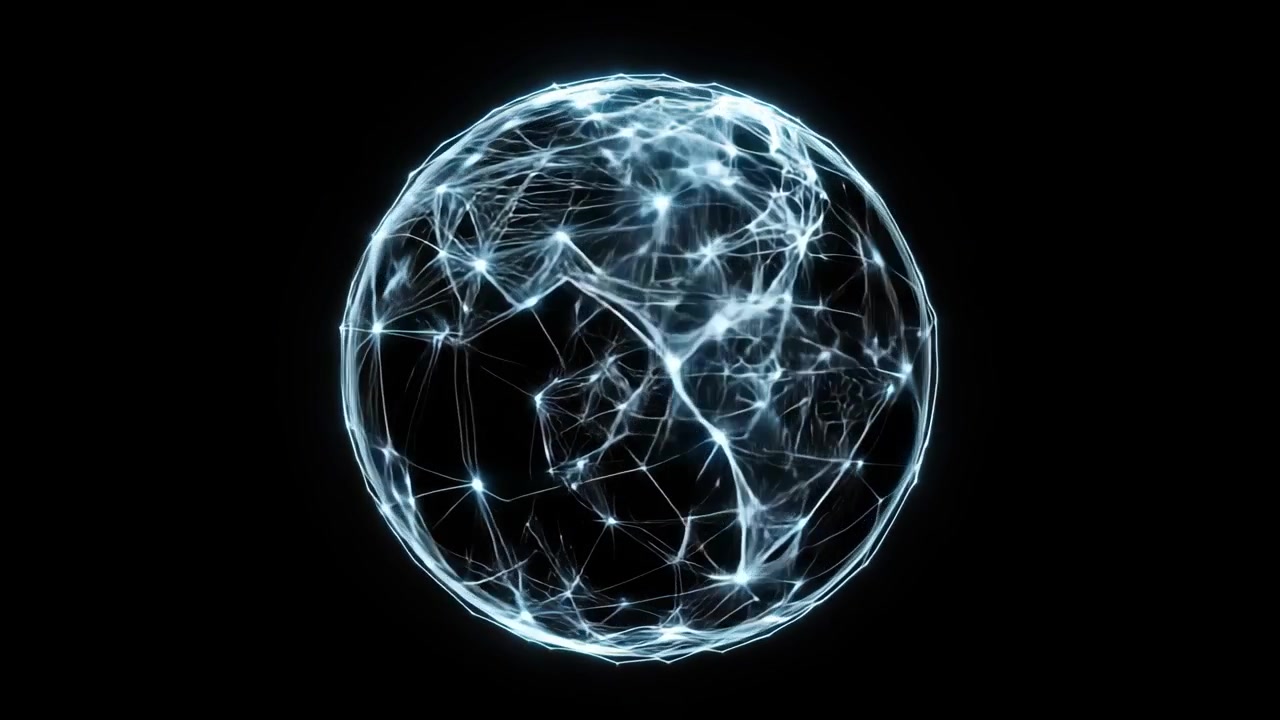 Glowing Digital Network Sphere Rotating on Black Background