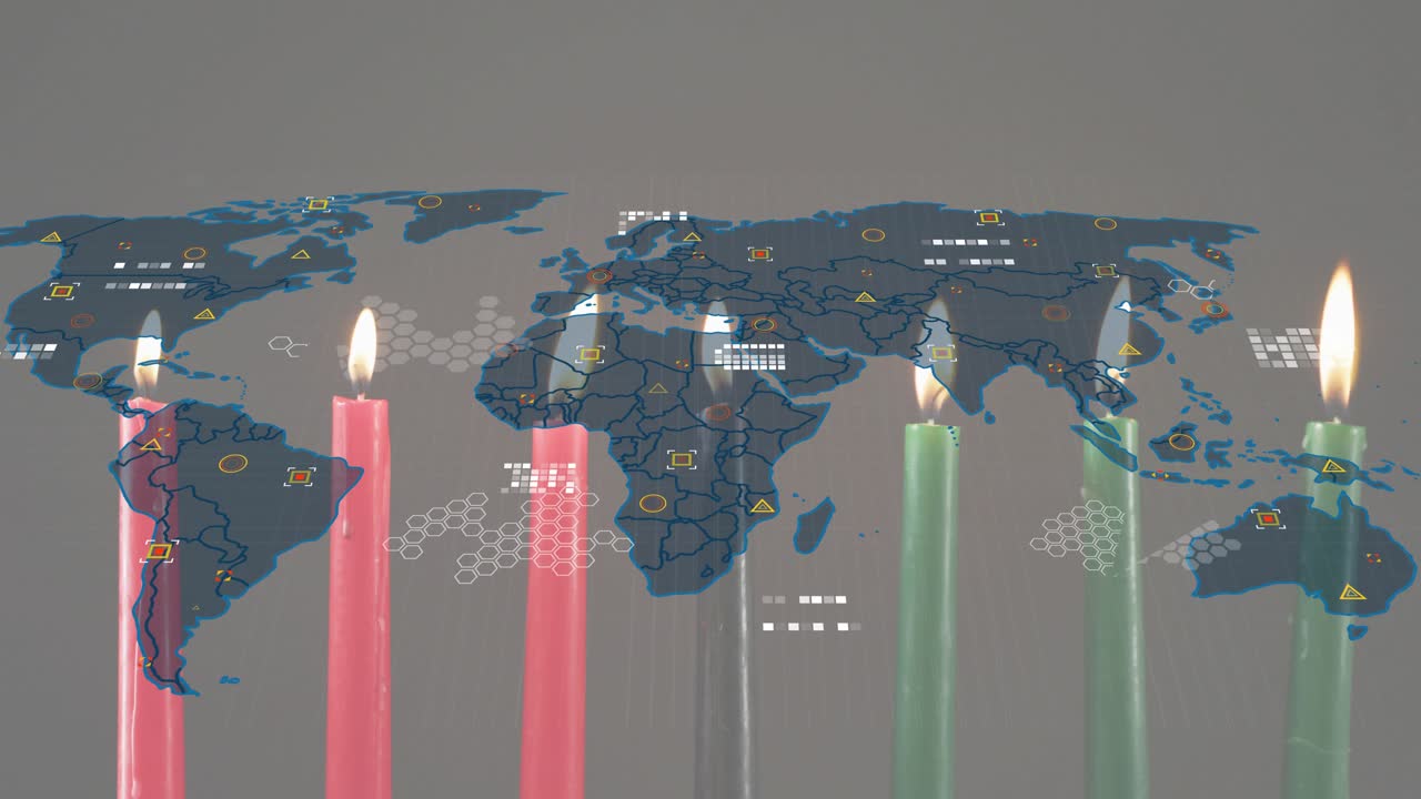 Silueta de mapa difuminándose sobre velas que inician una formación de rejilla hexagonal; iconos que se animan para la vista de red