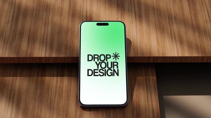Mockup dello schermo di un telefono cellulare su una tavola di legno