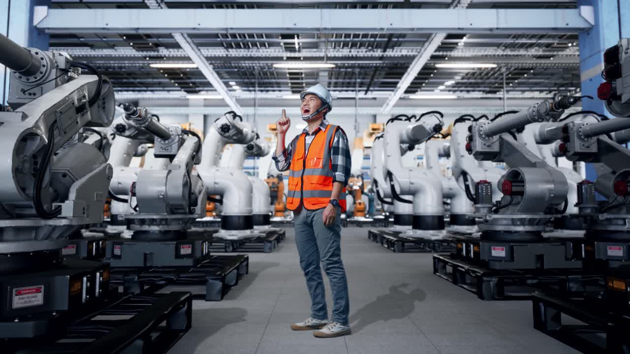 공장에서 로 팔을 관찰하는 엔지니어