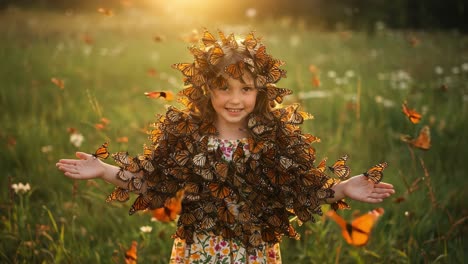 a joyful child surrounded by a swarm of butterflies, bathed in golden light, capturing the essence of nature's beauty and childlike wonder
