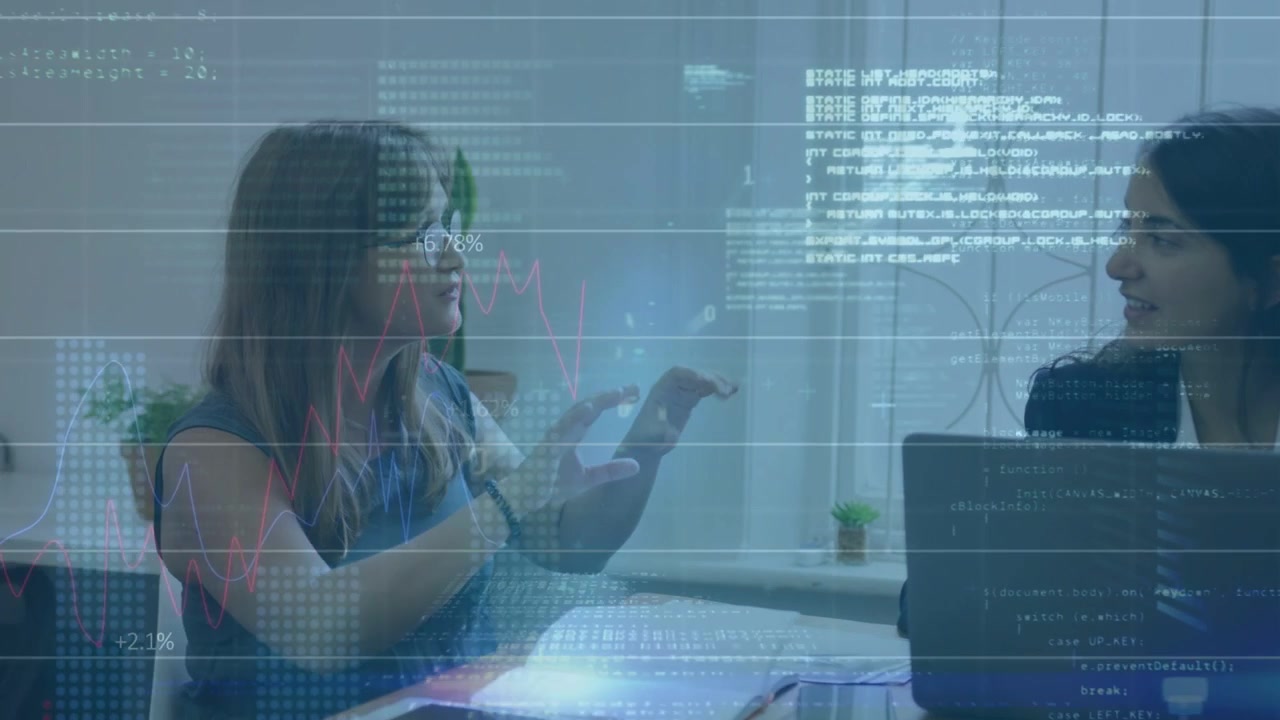 Left woman starting gesture sparking data graphs right woman watching laptop showing business KPIs