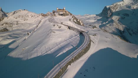 Aerial-Establishing-Shot-of-Gornergrat-Observation-Platform-in-Zermatt,-Switzerland