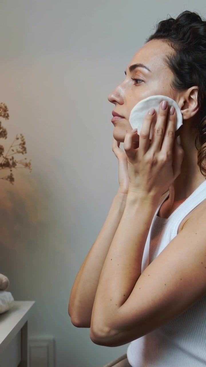 Vertical video: Using cotton pad, woman in white tank removing makeup at home vanity, towels, vase