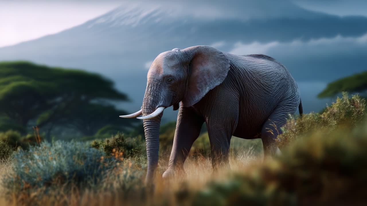 Majestic Elephant Wanders Through Lush Grassland with a Mountainous Backdrop, Captivating Nature's Grandeur and Wildlife Serenity in a Peaceful Habitat