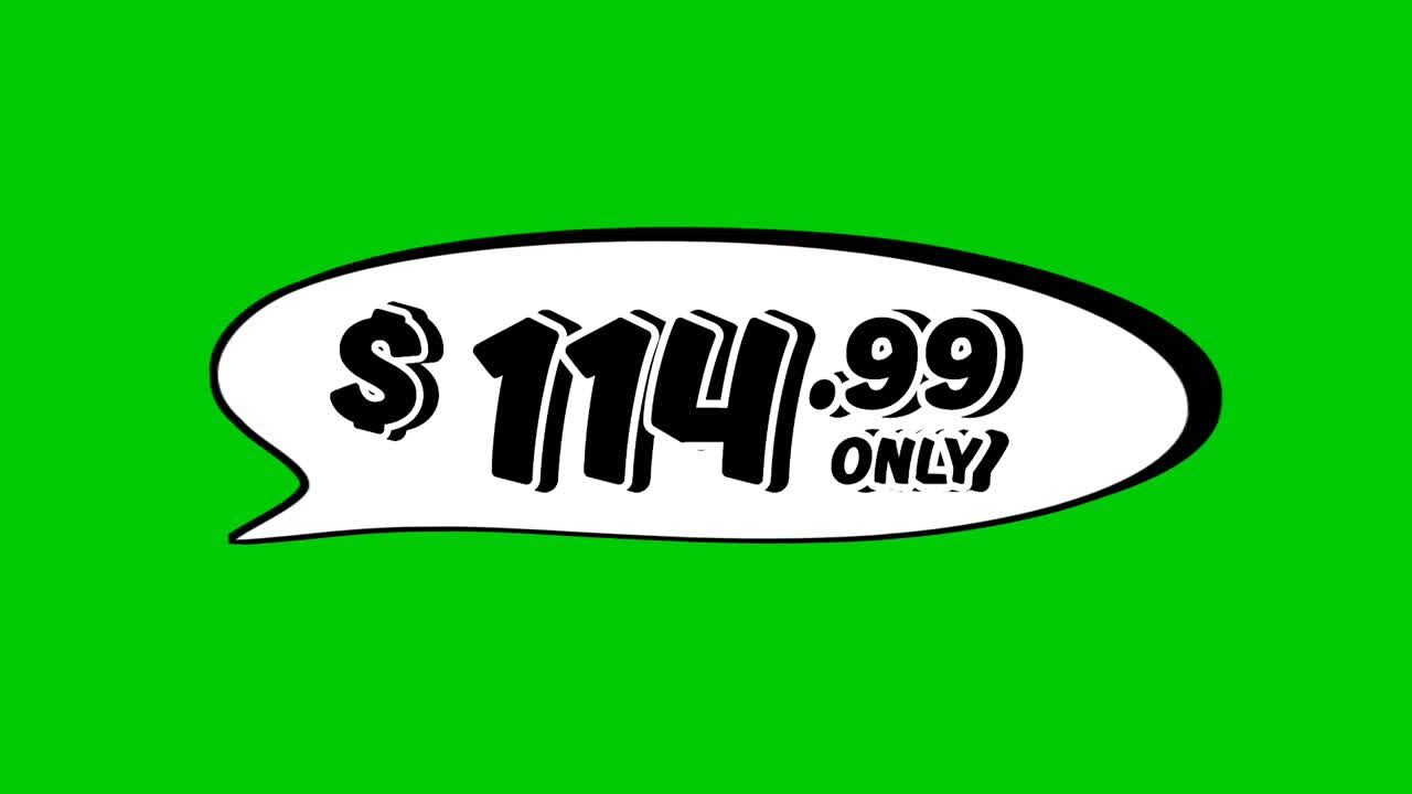 $114.99 price tag in speech bubble animation motion graphics on green screen background. Perfect for ads, e-commerce, retail, discounts, and promotion business concept video element