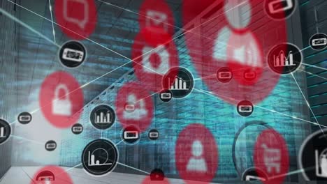 animación de iconos de redes sociales y procesamiento de datos en la sala de servidores