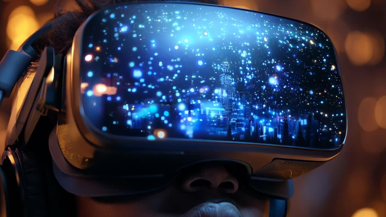 A woman wearing a virtual reality headset is looking at a cityscape. Concept of immersion and wonder as the woman explores the virtual world