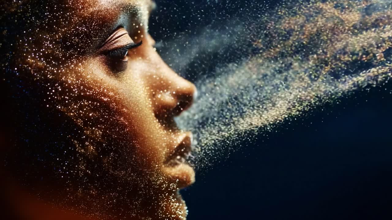 A mesmerizing visual of a person's face surrounded by ethereal particles, capturing a moment of beauty and tranquility, emphasizing the interaction between light and dust in a dreamlike atmosphere