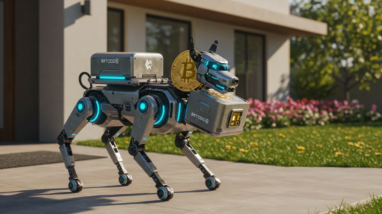 A futuristic robotic dog with a Bitcoin on its collar and digital storage, highlighting the blend of technology and cryptocurrency in a vibrant backyard setting