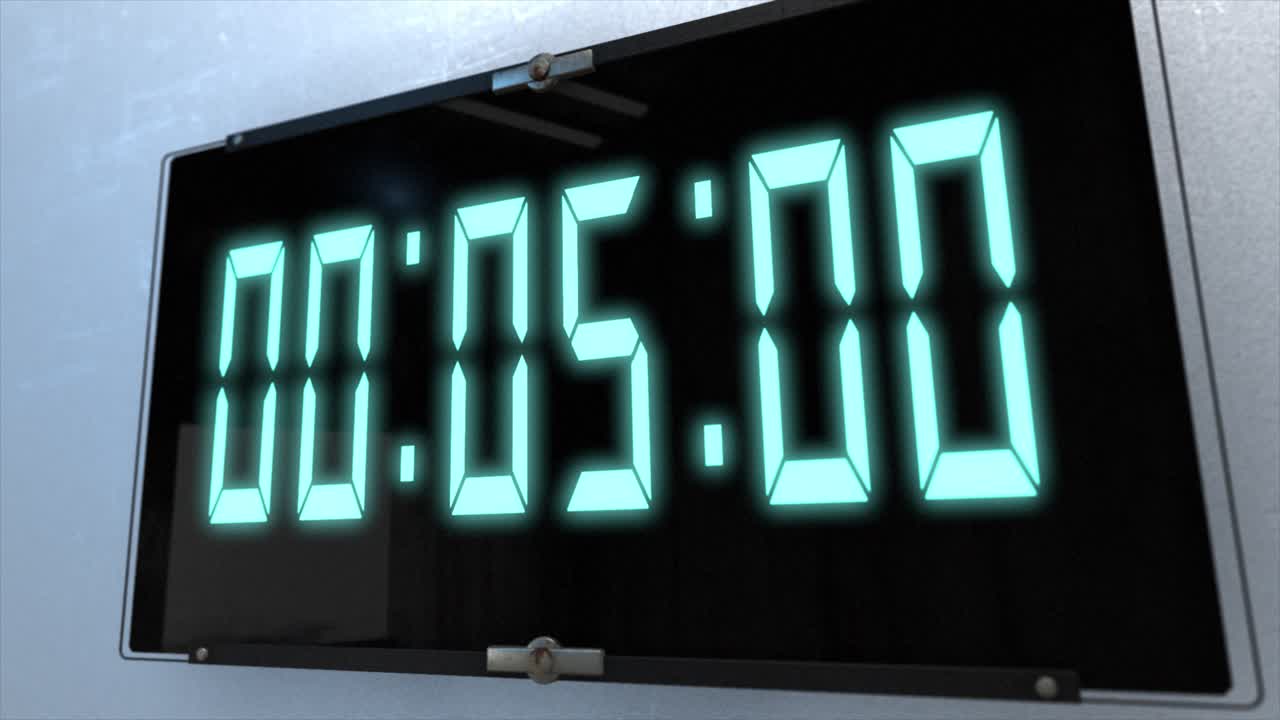 High quality CGI render of a digital countdown timer on a wall-mounted screen on a white wall, with glowing blue numbers, counting down from 10 to zero, with dramatic right to left camera move