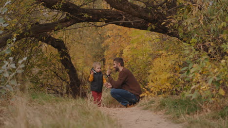 Caminando-En-El-Bosque-De-Otoño-Un-Hombre-Adulto-Y-Su-Pequeño-Hijo-Se-Divierten-En-El-Bosque-En-La-Naturaleza,-Paternidad-Y-Crianza-De-Niños,-Lindo-Niño-Y-Padre