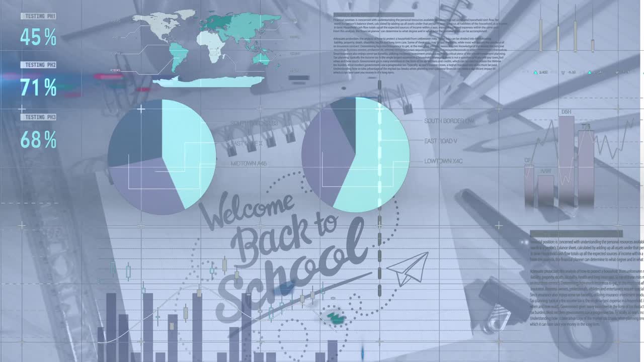 학교 텍스트와 학교 아이템에 대한 데이터 처리의 애니메이션